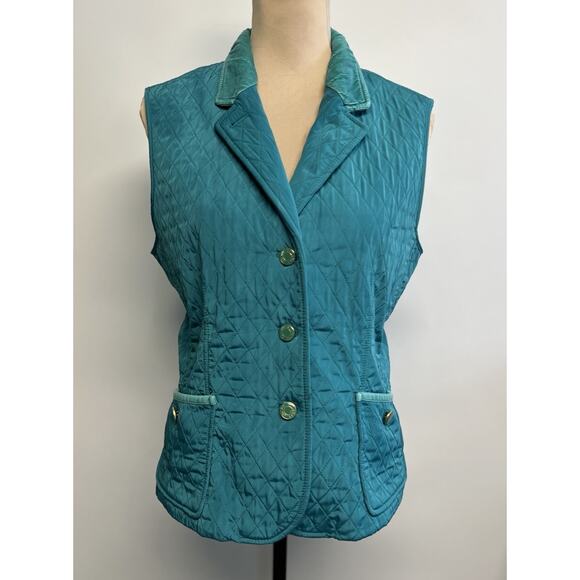 TALBOTS PM Equestrian Quilted Vest Teal Corduroy Collar Medium Fleece Lined Prep - Picture 1 of 13